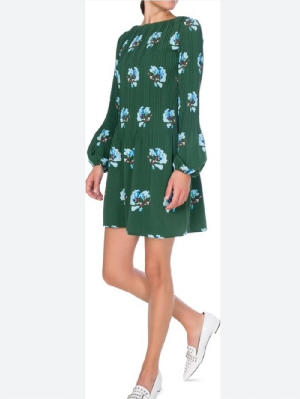 Maje Rockinett Floral Pleated Long Sleeve Green Mini Dress Spring Large